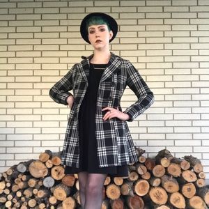 Black and Beige Plaid Long Pea Coat